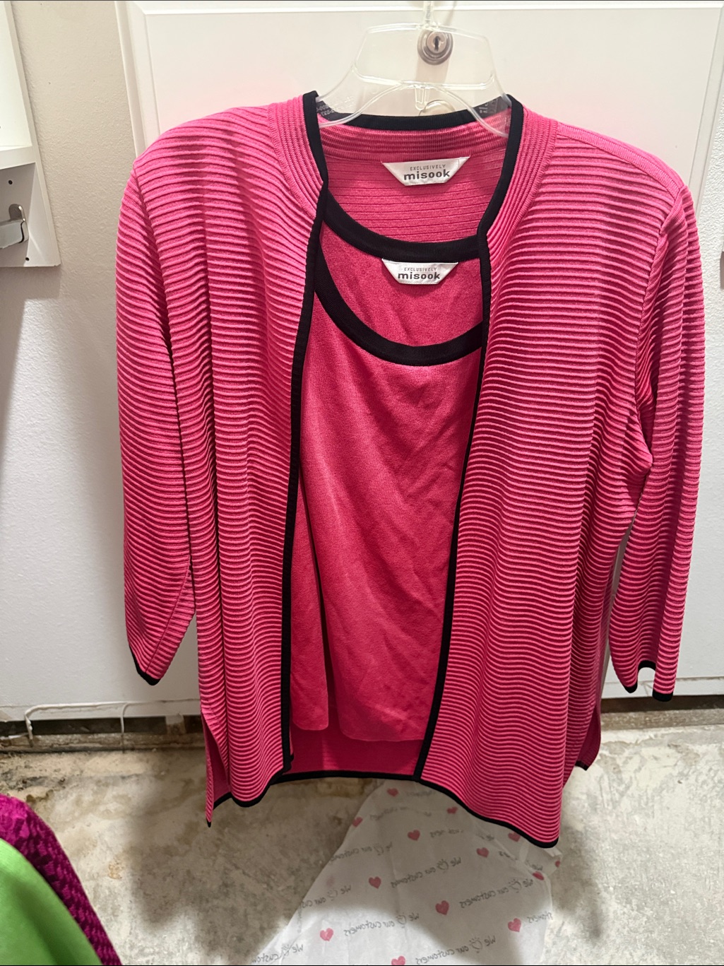 Misook Hot Pink Layered Knit Cardigan With Black Trim